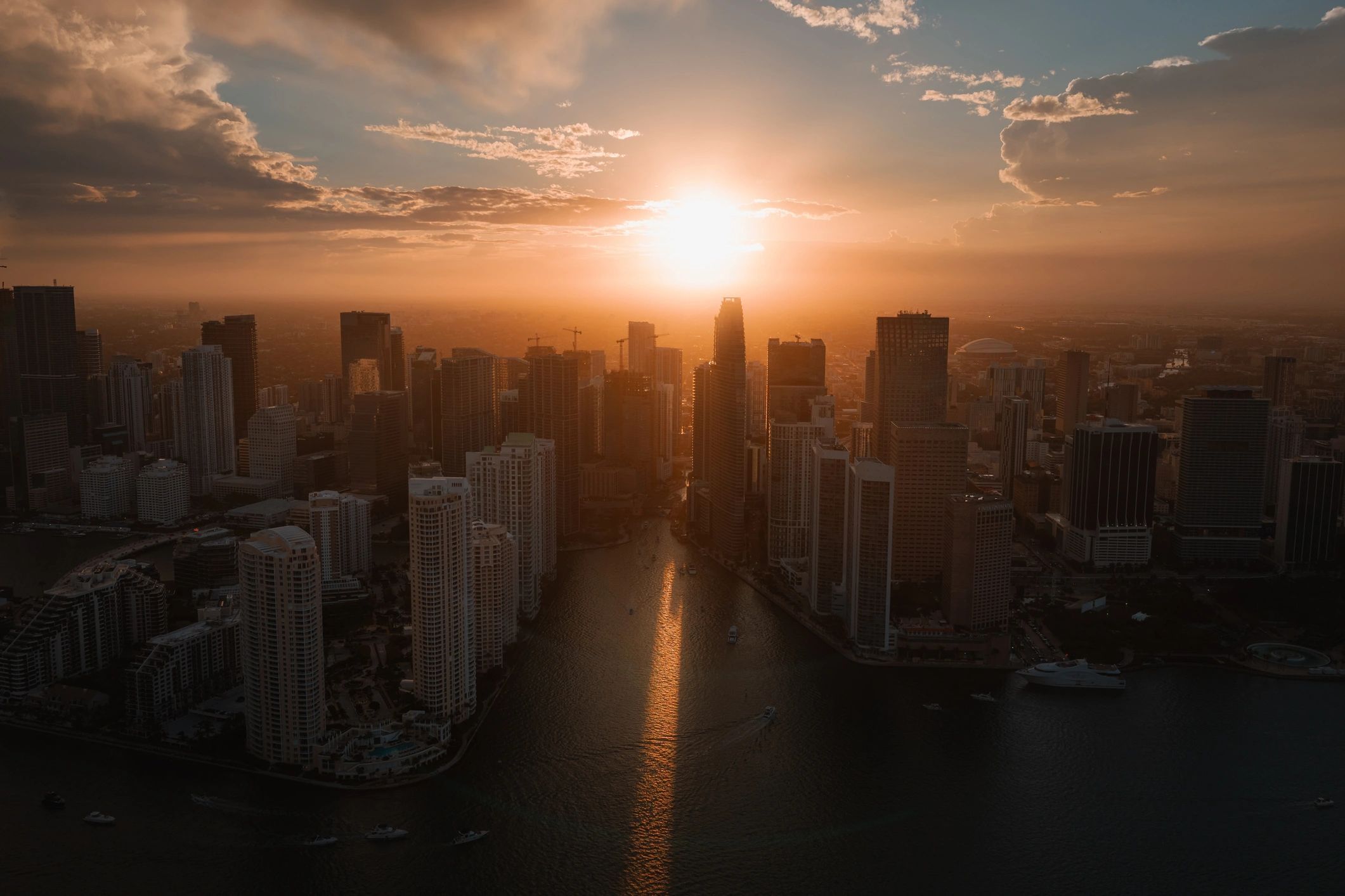 Modern commercial city skyline at sunset